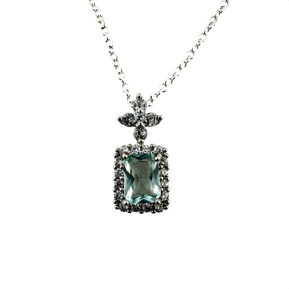 Aqua Glass Emerald Cut Cubic Zirconia Halo Silver Tone Dainty 18" Necklace - Picture 1 of 4